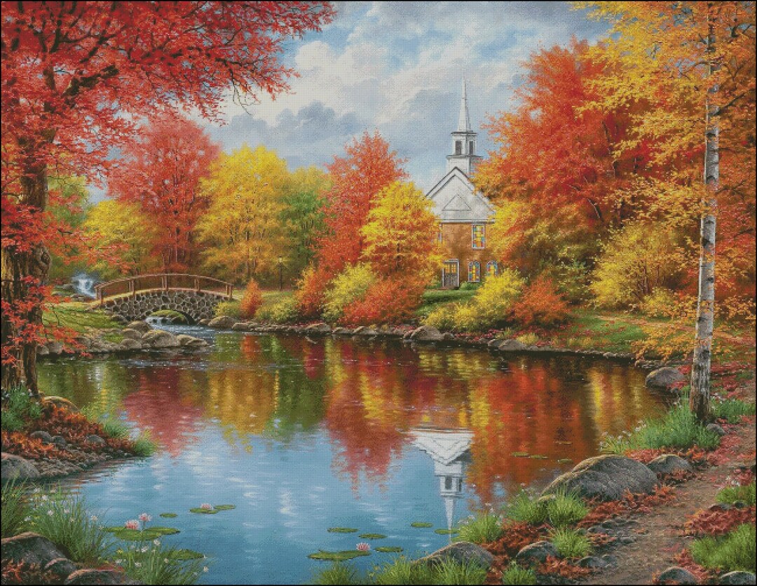 16ct Pre Printed Cross Stitch DIY Kit, Small Cottage During Autumn