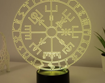 Vegvisir LED Night Lamp, Viking Compass Symbol of Guidance, Nordic Runic Decor, Color Changing Office Gift for Him