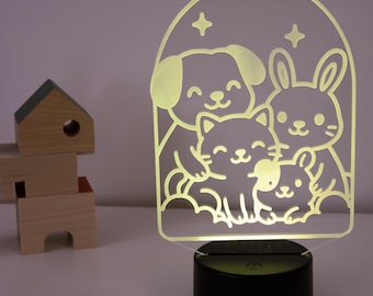 Led-nachtlampje schattige dieren – 3D-acryllamp met puppy, konijntje en kat – nachtkastjelamp kinderkamer, zacht gloeien nachtlampje cadeau
