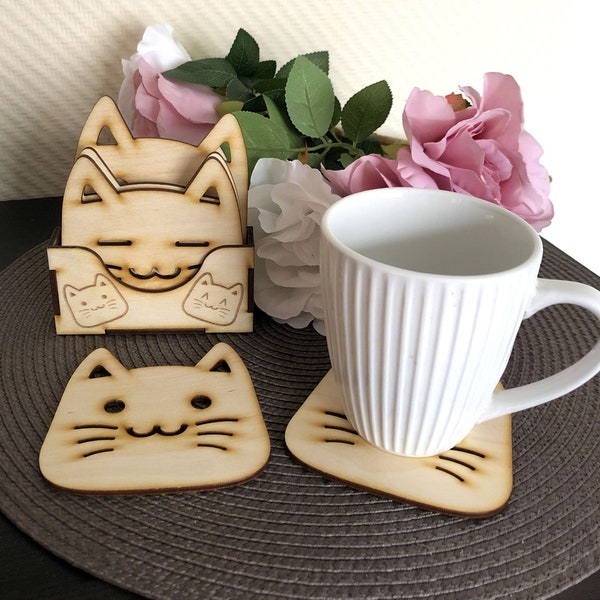 Set of 6 CUTE CAT COASTERS with a coaster holder, custom color coaster set, cat gifts for cat lovers, wooden coaster set, animal coasters