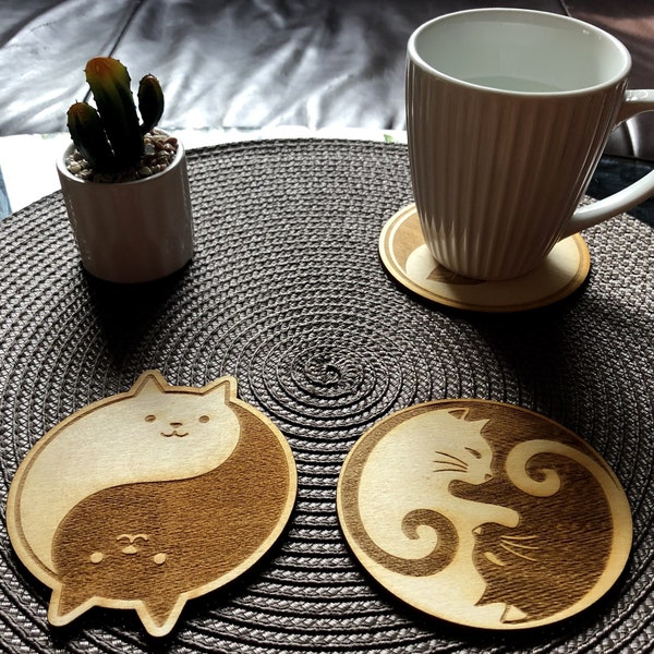 Personalized WOODEN CAT COASTERS Set 8pcs., cute drink coaster, cat gifts for cat lovers, Christmas gift