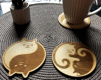 Personalized WOODEN CAT COASTERS Set 8pcs., cute drink coaster, cat gifts for cat lovers, Christmas gift