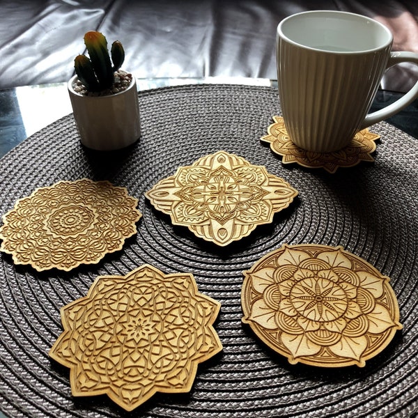 Set of 8 WOODEN MANDALA ART coasters, laser engraved coaster, housewarming or Christmas gift, spiritual gifts