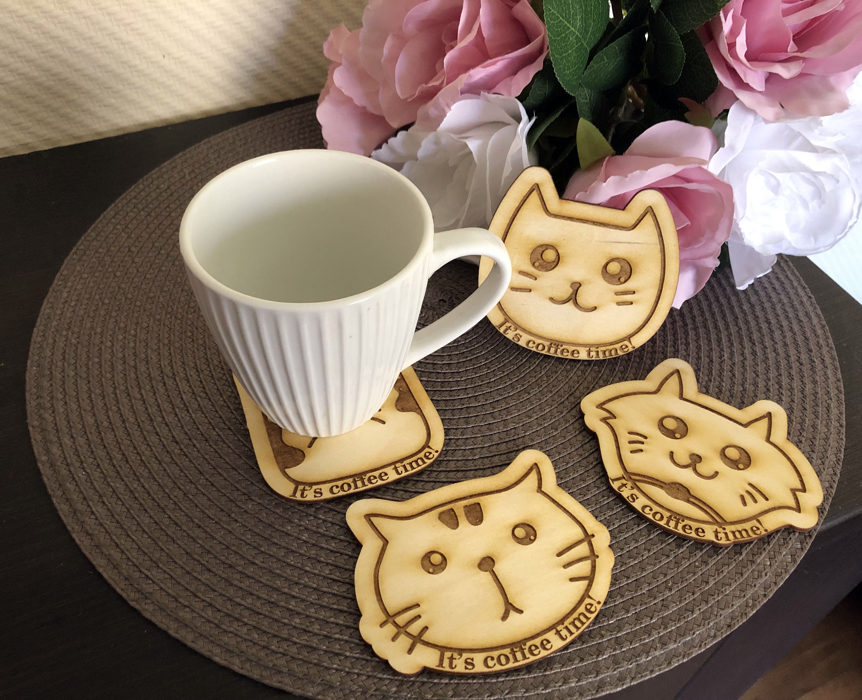 Cat Coasters Gift Set (set of 6) - Grey Wooden Coasters - Gifts