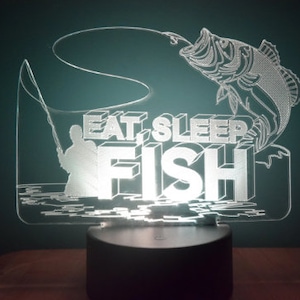 Fisherman Gift Led Lamp, Personalized Gift For Dad, Color Changing Table LED Lamp, Eat Sleep Fish Repeat, Fishing Night Light