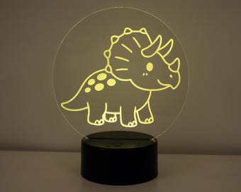 Triceratops LED Night Light for Kids – Dinosaur Nursery Lamp – Soft Glow Acrylic Lamp – USB/Battery Powered – Touch Control Gift