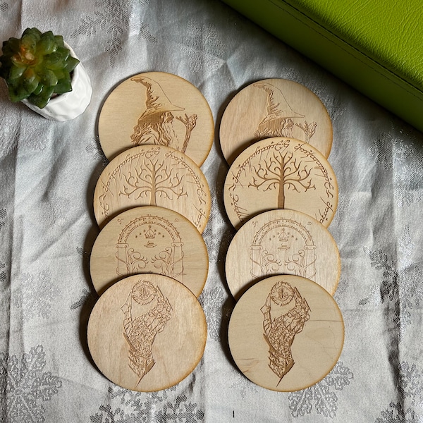 LORD of the RINGS WOODEN coaster set 8 pcs., lotr art, laser engraved coaster, drink coaster, custom coaster