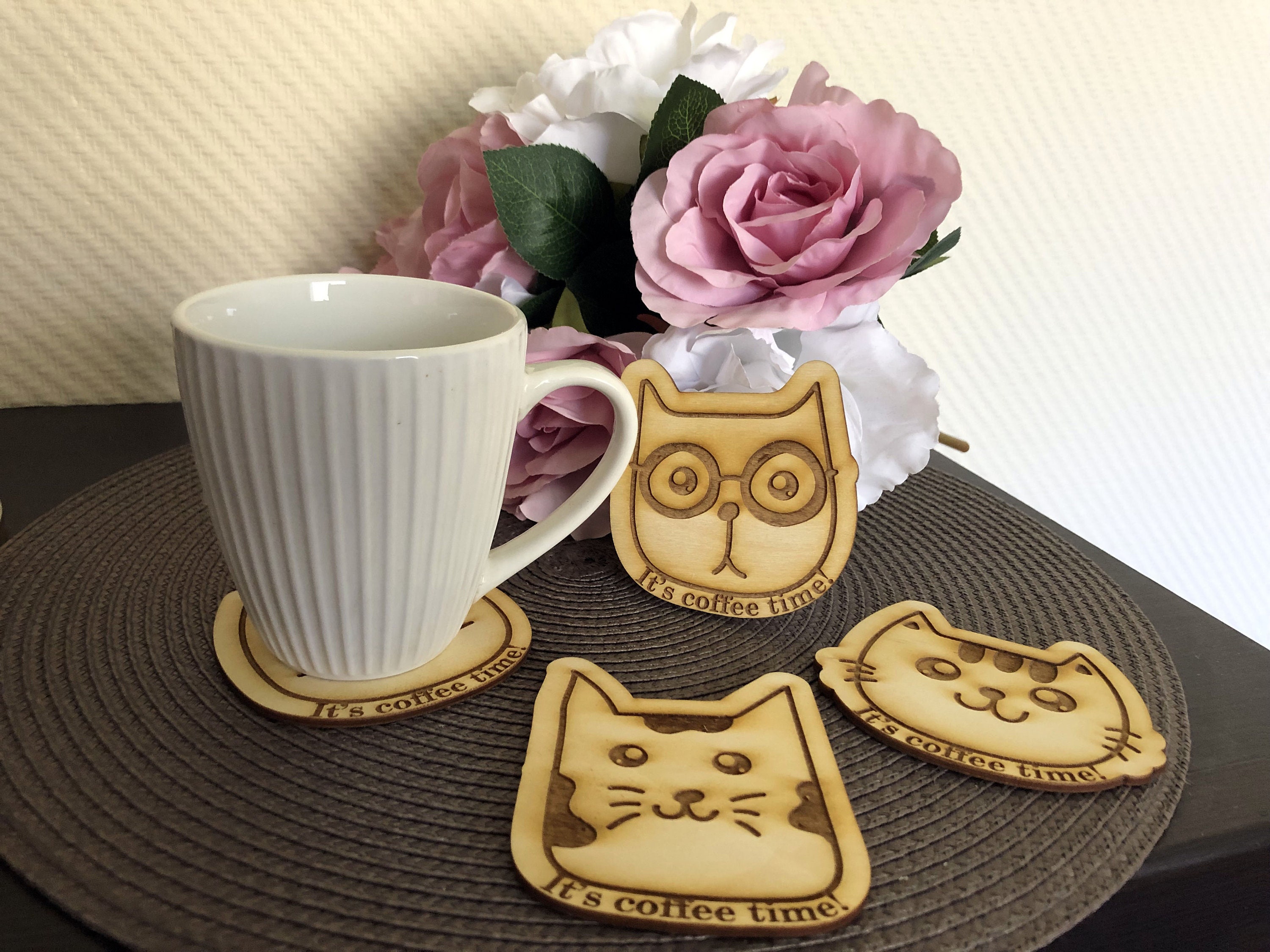 Cat Coasters Gift Set (set of 6) - Grey Wooden Coasters - Gifts
