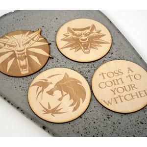 THE WITCHER wooden coaster set of 8, Geralt of Rivia art, witcher medallion, drink coaster, Gift for him