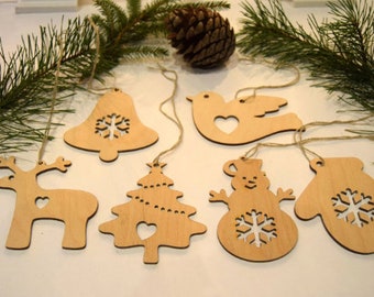 Christmas tree ornaments 12 pieces, wooden Christmas ornaments, holiday ornaments set