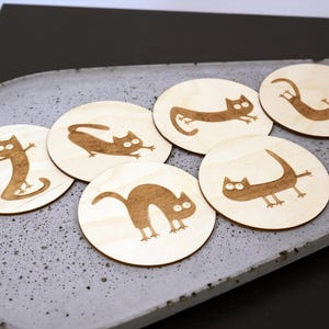 Cat Coasters Set 6 pcs., Wooden Coaster New Home Gift, Cats Lovers Wood Gifts, Tea Drink Housewarming Holiday Decor, Minimalism Wall Art