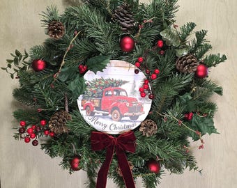 24-Inch Christmas Wreath: Pine, Red Truck Centerpiece, Red Berries, and Bow