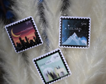 Sarah J Maas Worlds Inspired Stamp Sticker, crescent city, throne of glass, acotar, weatherproof sticker, vinyl die cut sticker,