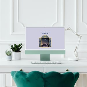 May include: A white desktop computer with a light blue background on the screen. The screen displays the text "Your Monthly Horoscope" and "Velaris" in a gold font. The background image is a dark blue and gold archway with a mountain range and stars in the background.