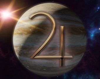 Puede incluir: Un gran planeta marrón y blanco con el número dorado "24" superpuesto. El planeta está rodeado de un espacio azul oscuro con estrellas.