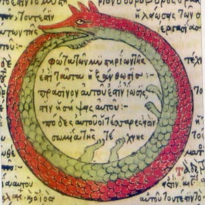 May include: A vibrant illustration of an ouroboros, a serpent eating its own tail, in a circular form. The serpent is red and green, with text in Greek script encircling the image. The artwork is on aged parchment, suggesting an ancient origin.