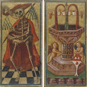 May include: Two tarot cards, one depicting Death as a skeletal figure in a red robe holding a scythe, and the other depicting a fountain with two angels and the text "Vef die wele" in a gold frame.