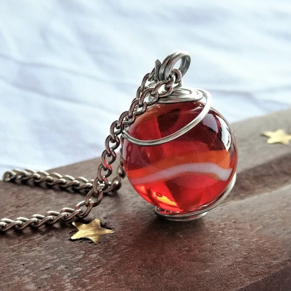 Heady Glass Necklace Red Marble Pendant Wire Wrapped Marble Necklace Vintage Marble Toy Jewelry Orange Marble Ball, Spherical Mystic Pendant