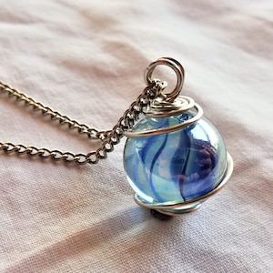 Marble Necklace, Wire Wrapped Glass Necklace, Mystical Pendant, Mystic Marble Glass Necklace, Sphere Crystal Necklace, Crystal Jewelry Silver Chain