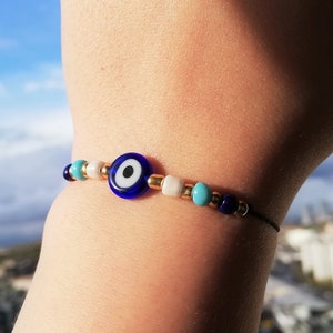 Blue Evil Eye Bracelet, Adjustable Nazar Bracelet, Beaded Protection Bracelet, Good Luck Bracelet, Blue Evil Eye Charm String Bracelet Gift