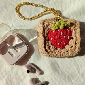 Strawberry Crochet Earbud Pouch, Handmade Summer Accessory, Cute Granny Square Bag, Small Gift Idea, Kawaii Crochet Coin Purse, Airpods Case