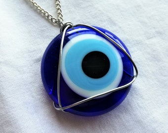 Evil Eye Necklace, Blue Evil Eye Pendant Necklace, Adjustable Evil Eye Choker Nazar Protection Necklace Amulet Wire Wrapped Triangle Jewelry