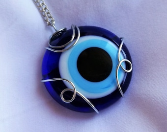 Blue Evil Eye Necklace, Turkish Glass Eye Pendant Adjustable Big Evil Eye Necklace Nazar Protection Amulet Wire Wrapped Large Eye Jewellery