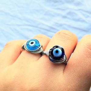 Blue Evil Eye Ring, Glass Evil Eye Jewelry, Nazar Eye Bead Ring Wire Wrapped Ring Protection Jewelry Big Wire Wrapped Ring Turkish Evil Eye