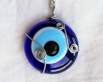 Blue Evil Eye Necklace, Unique Evil Eye Pendant, Glass Evil Eye Necklace, Good Luck Nazar Protection Wire Wrapped Gift Eye Jewellery