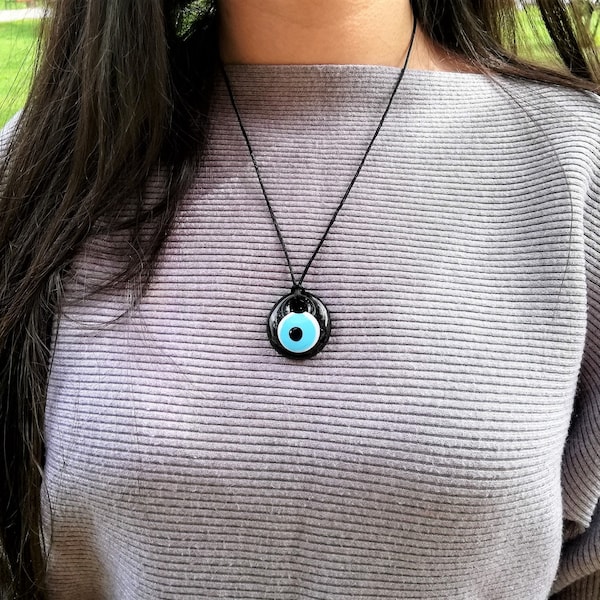 Black Evil Eye Necklace, Glass Evil Eye Pendant, Nazar Necklace, Protection Jewelry Handmade Adjustable Turkish Evil Eye Black Cord For Gift