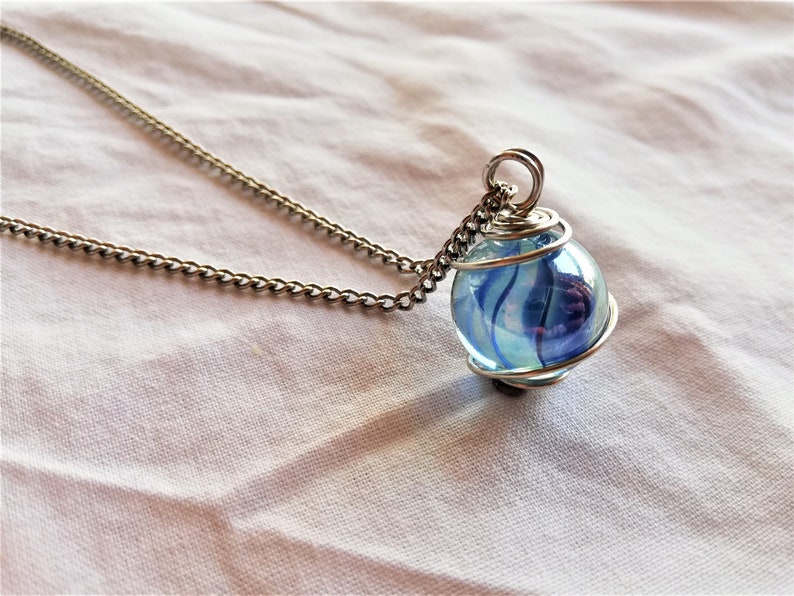 Marble Necklace, Wire Wrapped Glass Necklace, Mystical Pendant, Mystic Marble Glass Necklace, Sphere Crystal Necklace, Crystal Jewelry Silver Chain