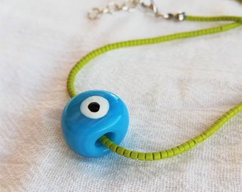 Evil Eye Necklace, Glass Blue Necklace, Nazar Necklace, Evil Eye Pendant Green Eye Jewelry Protection Charm Evil Eye Choker Evil Eye Jewelry