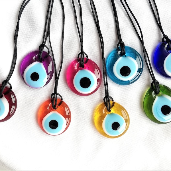 Evil Eye Necklace, Glass Colorful Pendant, Yellow, Green, Orange, Red, Blue, Purple, Pink Nazar Necklace, Evil Eye Choker Charm Jewelry