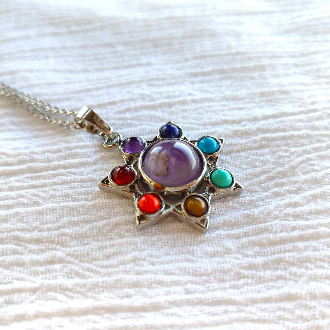 Chakra Star Necklace, 7 Chakras Stone Healing Pendant Necklace, 7