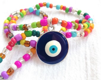 Evil Eye Necklace, Blue Evil Eye Pendant, Rainbow Seed Bead Necklace, Nazar Charm, Evil Eye Choker, Evil Eye Charm, Chunky Amulet Gift