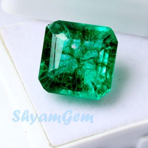 Może przedstawiać: Żywy, szmaragdowy zielony kamień szlachetny, prezentowany w białym pudełku na biżuterię. Kamień ma prostokątny kształt z ściętymi narożnikami i wewnętrznymi wtrąceniami. Tekst "ShyamGem" jest wydrukowany na pudełku na jasnoniebiesko.