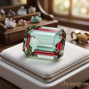 Può includere: Una pietra preziosa rettangolare taglio smeraldo con una sfumatura di colore tra il verde menta pallido e il rosa rossastro intenso. La pietra sfaccettata presenta bordi geometrici netti e riposa su un cuscinetto di velluto bianco con il testo shyamgems.