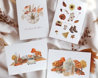 Autumn Postcards, Set of 4, A6 Textured Paper, Autumn Greeting Card, Envelopes, Card Set, Autumn Love, Gift