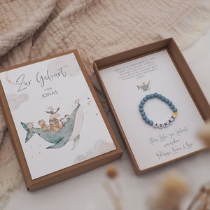 Geschenkset Geburt Armband -Wal Wolken- Karte Kind Baby Herz Name persönliches personalisiert Mädchen Junge Box Schachtel