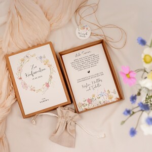 Bevestiging van de geschenkdoos - pastel wilde bloemen - kaart geld cadeau naam persoonlijk cadeau gepersonaliseerde meisjesjongen doos