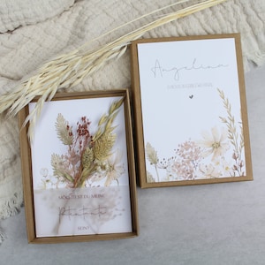 Geschenkset Patentante fragen -Wildblumen- Armband Gravur Karte Trockenblumen Schachtel Herz Gold Rosegold Silber Möchtest du Patin sein