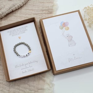 Geschenkset Geburtstag Armband -Elefant- Karte Kind Baby Herz Name persönliches Geschenk personalisiert Mädchen Junge Box Schachtel