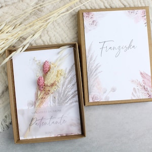 Geschenkset Patentante fragen -rosa Rosen- Armband Gravur Karte Trockenblumen Schachtel Herz Gold Rosegold Silber Möchtest du Patin sein