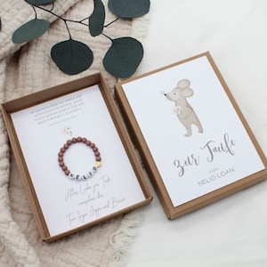 Geschenkset Taufe Armband -Maus mit Blumen- Karte Kind Baby Herz Name Geschenk personalisiert Mädchen Junge Box Schachtel T-G-A-A-24