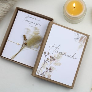 Cadeauset bruidsmeisje vraag gravure -Boho- armband kaart gedroogde bloemen doos hart goud rosé goud zilver