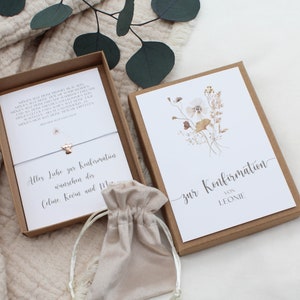 Geschenkset Konfirmation -Beige Blumen- Geldgeschenk Armband Karte Engel Herz Stern Name Geschenk personalisiert Mädchen Junge Box Schachtel