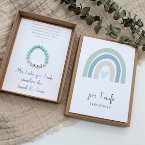 Geschenkset Taufe Armband -Regenbogen Blau/Grün- Karte Kind Baby Herz Name Geschenk personalisiert Mädchen Junge Box Schachtel T-G-A-A-3
