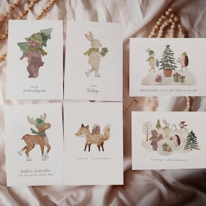 Kerstkaarten set van 6 A6 getextureerde papieren enveloppen kaartenset boho dieren aquarel kerstpostcadeau