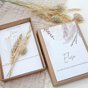 Geschenkset Patentante fragen -Natur- Armband Gravur Karte Trockenblumen Schachtel Herz Gold Rosegold Silber Möchtest du meine Patin sein