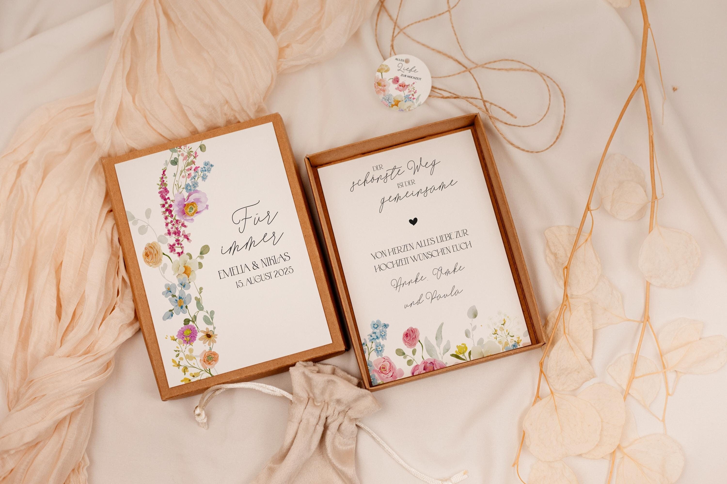 Conjunto de regalos boda -botánica pastel- caja de regalo de dinero nombre fecha regalo personal personalizado